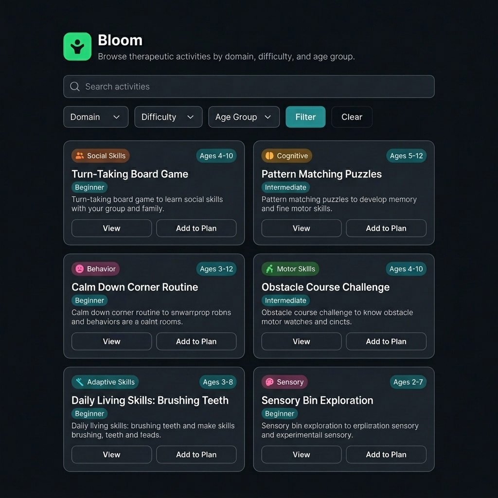 Bloom Activity Library with filterable therapeutic activities