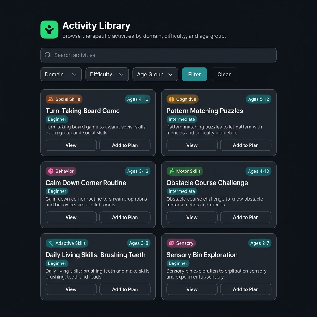 MyJourney Activity Library with filterable therapeutic activities